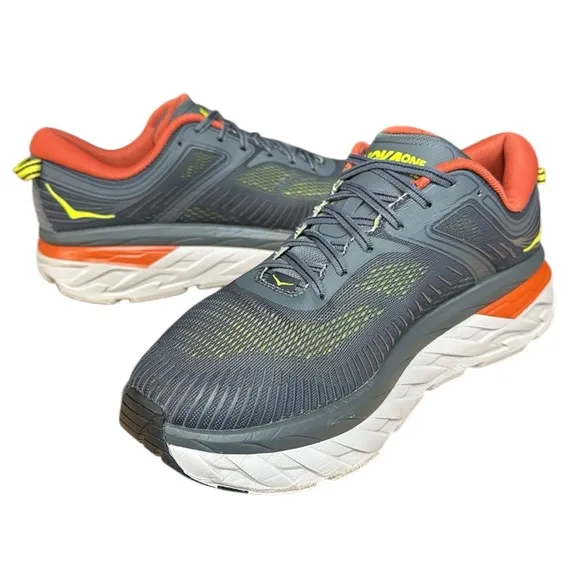 Hoka One One Bondi 7 Gray-Orange-Neon Running Walking Shoes Sneaker Mens Size 12