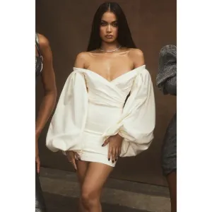 House of CB Carlyn Ivory Satin Balloon Sleeve Mini Dress Size XS Extra Small