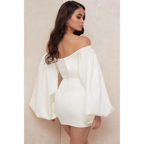 House of CB Carlyn Ivory Satin Balloon Sleeve Mini Dress Size XS Extra Small