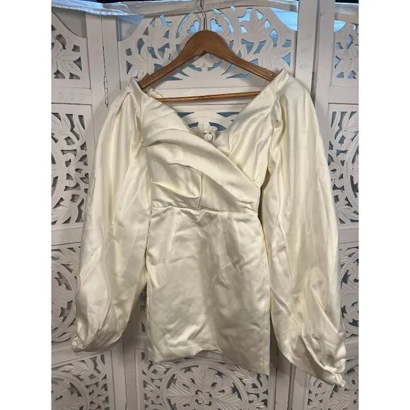 House of CB Carlyn Ivory Satin Balloon Sleeve Mini Dress Size XS Extra Small
