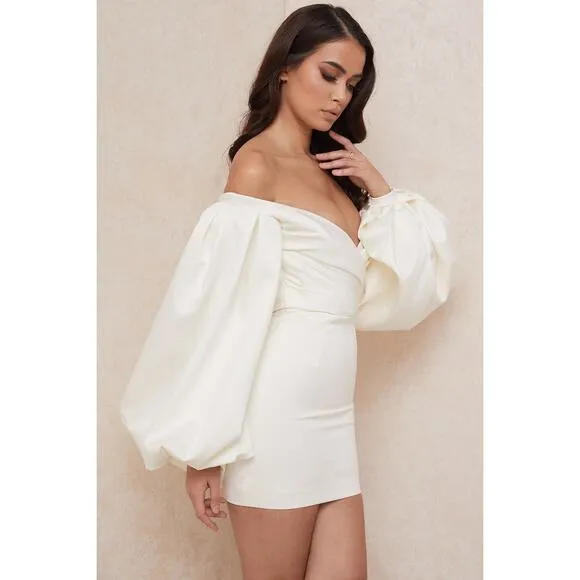 House of CB Carlyn Ivory Satin Balloon Sleeve Mini Dress Size XS Extra Small