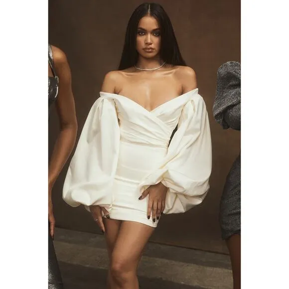 House of CB Carlyn Ivory Satin Balloon Sleeve Mini Dress Size XS Extra Small
