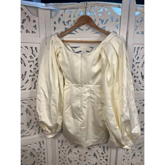 House of CB Carlyn Ivory Satin Balloon Sleeve Mini Dress Size XS Extra Small