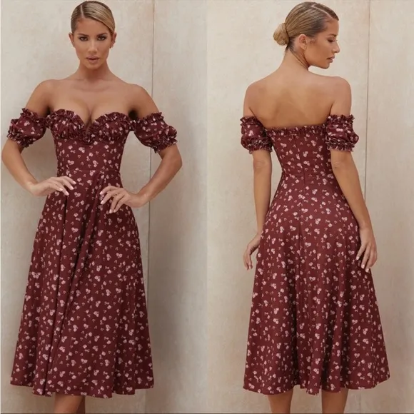 House of CB ‘Lauren’ Wine Floral Strapless Midi Dress NWOT