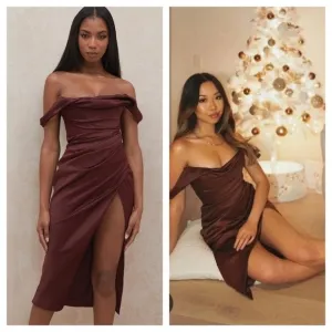 HOUSE OF CB / Rhoda Off the Shoulder Corset Dress brown raisin satin XS