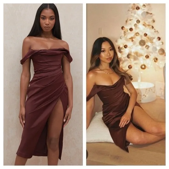 HOUSE OF CB / Rhoda Off the Shoulder Corset Dress brown raisin satin XS