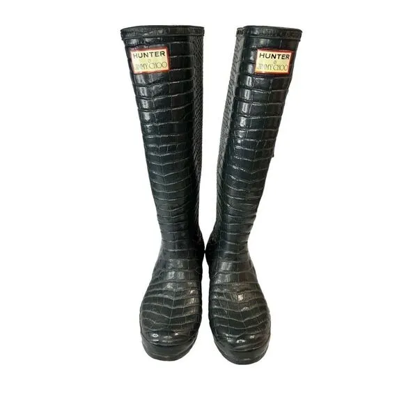 HUNTER &amp; JIMMY CHOO Special Edition Rain Croc Dark Green Boots Size 6
