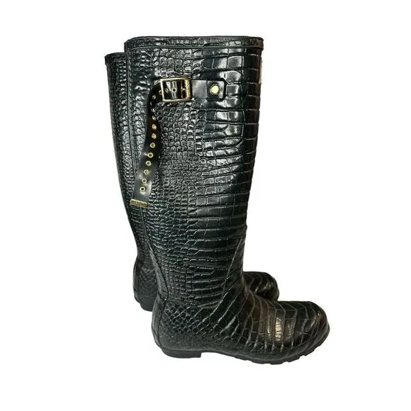 HUNTER &amp; JIMMY CHOO Special Edition Rain Croc Dark Green Boots Size 6