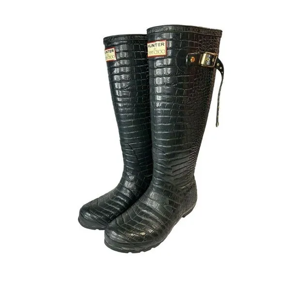 HUNTER &amp; JIMMY CHOO Special Edition Rain Croc Dark Green Boots Size 6