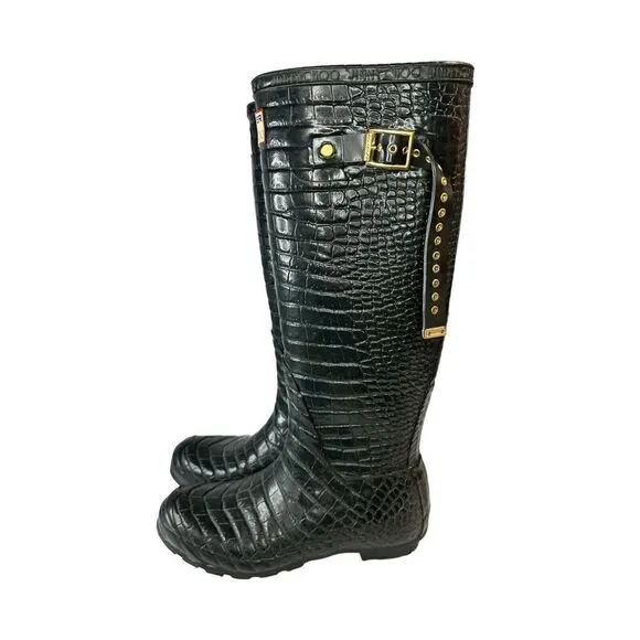 HUNTER &amp; JIMMY CHOO Special Edition Rain Croc Dark Green Boots Size 6