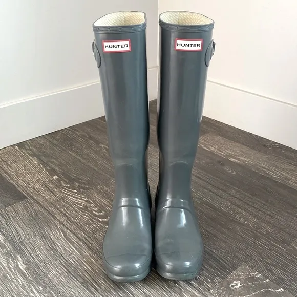 Hunter Gray Gloss Finish Tall Rain Boots Boho Country Western Nautical sz 7