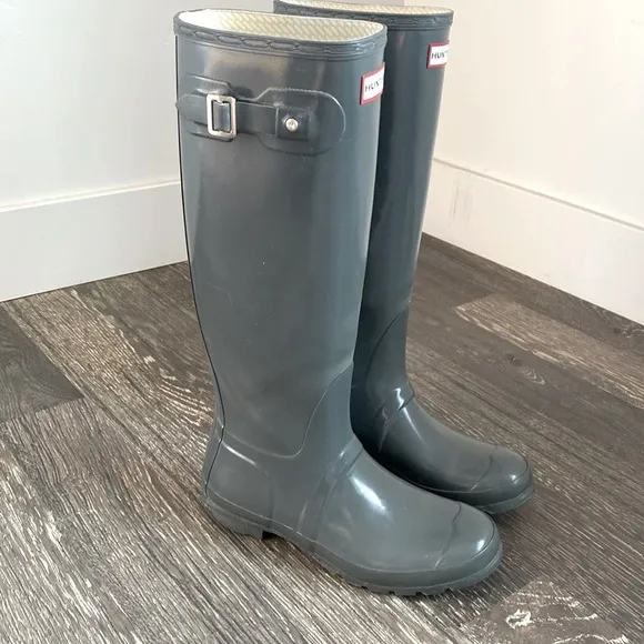 Hunter Gray Gloss Finish Tall Rain Boots Boho Country Western Nautical sz 7
