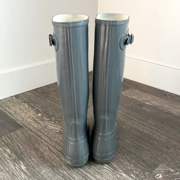 Hunter Gray Gloss Finish Tall Rain Boots Boho Country Western Nautical sz 7