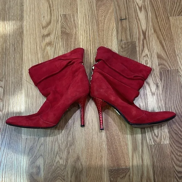 Iceberg vintage red suede slouchy gold stud ankle boots size 37 reptile heel