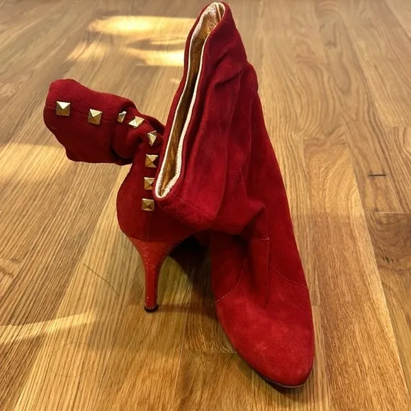 Iceberg vintage red suede slouchy gold stud ankle boots size 37 reptile heel