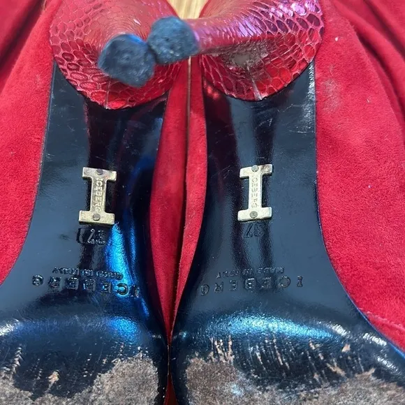Iceberg vintage red suede slouchy gold stud ankle boots size 37 reptile heel