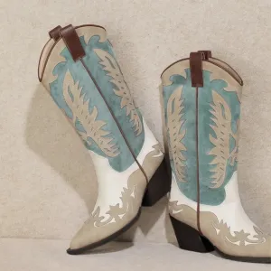 IDALY Western Boho Chic Turquoise White &amp; Tan Vegan Leather Cowboy Boots