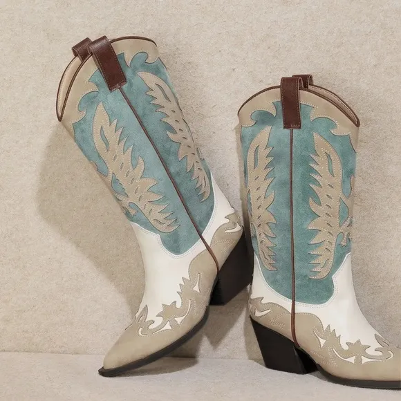 IDALY Western Boho Chic Turquoise White &amp; Tan Vegan Leather Cowboy Boots