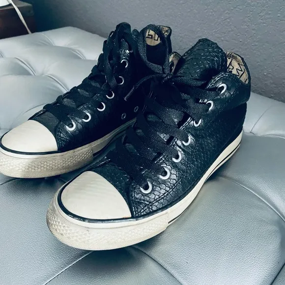 iijin Luxury Shoes Black Reptile Embossed Faux Leather PU High Top Sneakers - 37