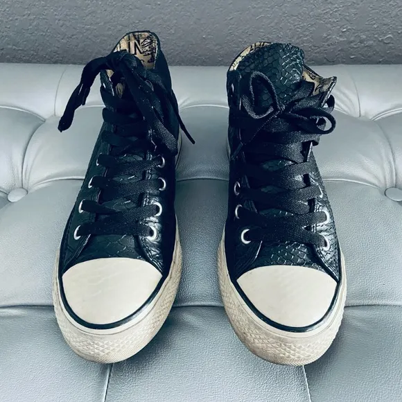 iijin Luxury Shoes Black Reptile Embossed Faux Leather PU High Top Sneakers - 37