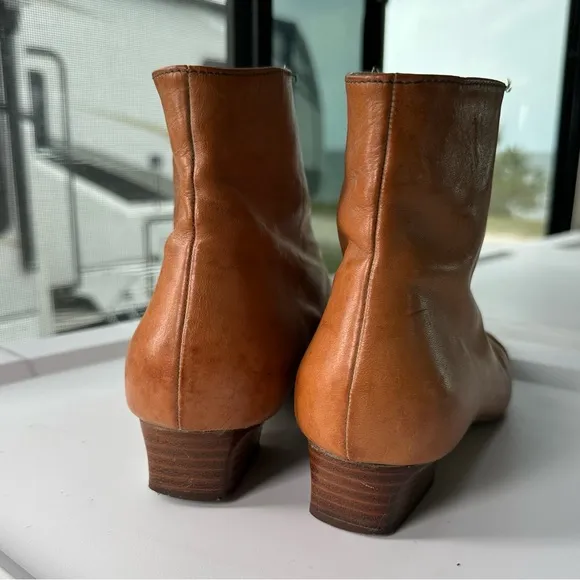 ITALIAN LEATHER BOOTIES Size 7.5 EU 38 Saddle Tan GUIDO LONGINOTTI Shoes Zipper