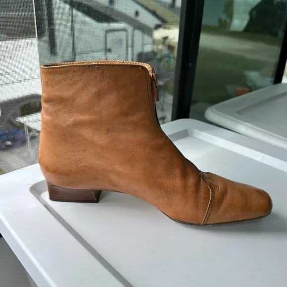 ITALIAN LEATHER BOOTIES Size 7.5 EU 38 Saddle Tan GUIDO LONGINOTTI Shoes Zipper