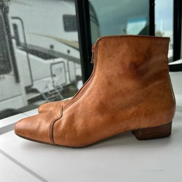 ITALIAN LEATHER BOOTIES Size 7.5 EU 38 Saddle Tan GUIDO LONGINOTTI Shoes Zipper
