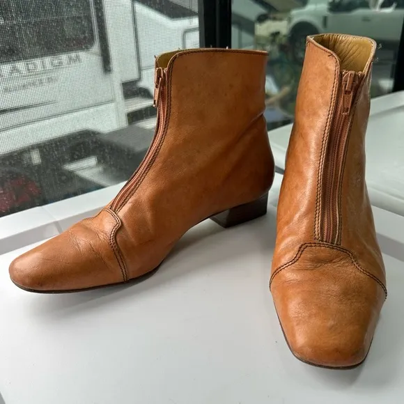 ITALIAN LEATHER BOOTIES Size 7.5 EU 38 Saddle Tan GUIDO LONGINOTTI Shoes Zipper