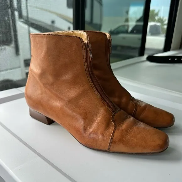 ITALIAN LEATHER BOOTIES Size 7.5 EU 38 Saddle Tan GUIDO LONGINOTTI Shoes Zipper