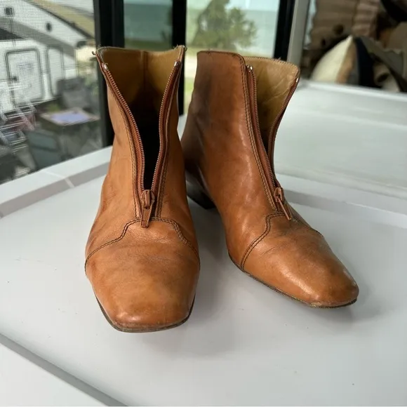 ITALIAN LEATHER BOOTIES Size 7.5 EU 38 Saddle Tan GUIDO LONGINOTTI Shoes Zipper