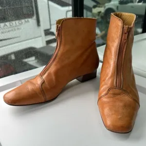 ITALIAN LEATHER BOOTIES Size 7.5 EU 38 Saddle Tan GUIDO LONGINOTTI Shoes Zipper