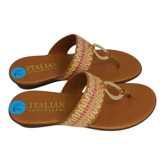 Italian Shoemakers Wedge Sandals Womens Size 7.5 Multi-Color Strap &amp; Gold Ring D