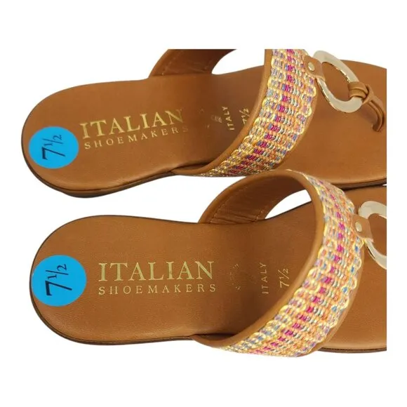 Italian Shoemakers Wedge Sandals Womens Size 7.5 Multi-Color Strap &amp; Gold Ring D