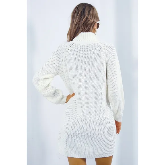 Ivory Buttoned Turtleneck Sweater Dress