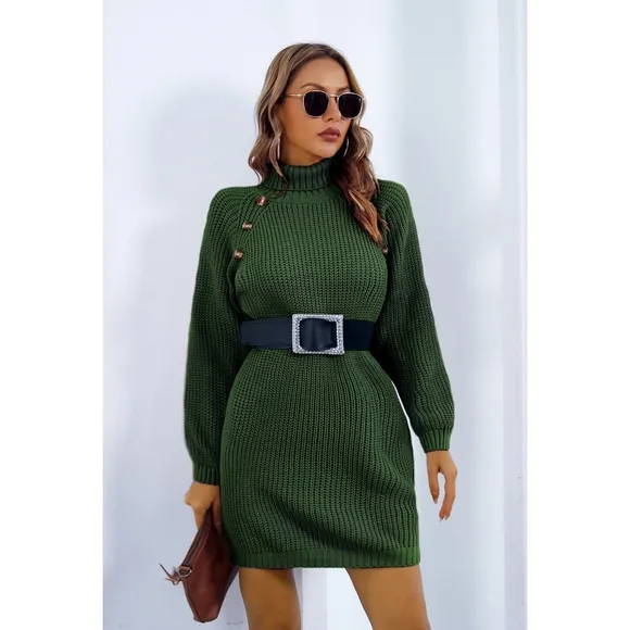 Ivory Buttoned Turtleneck Sweater Dress