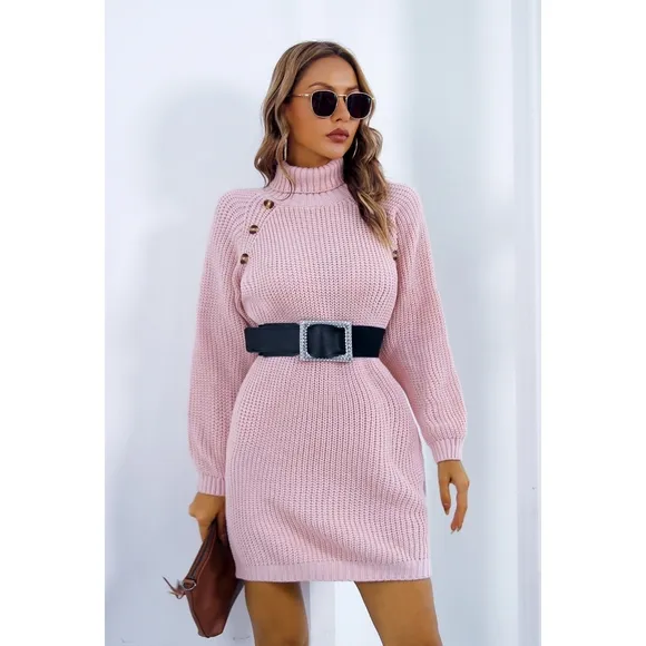Ivory Buttoned Turtleneck Sweater Dress