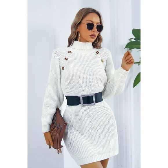 Ivory Buttoned Turtleneck Sweater Dress