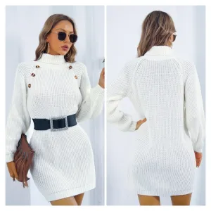 Ivory Buttoned Turtleneck Sweater Dress