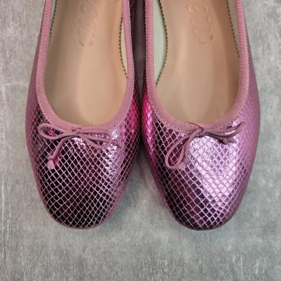 J. Crew Ballet Flats Size 7.5 Metallic Pink Leather Dressy Bow Ballerina Shoes