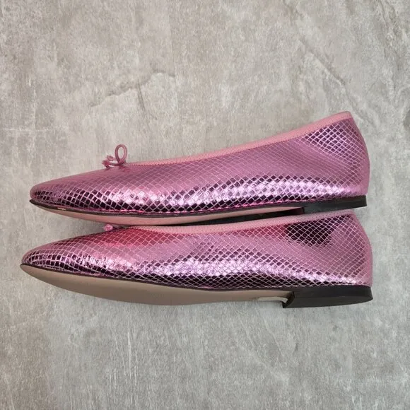 J. Crew Ballet Flats Size 7.5 Metallic Pink Leather Dressy Bow Ballerina Shoes