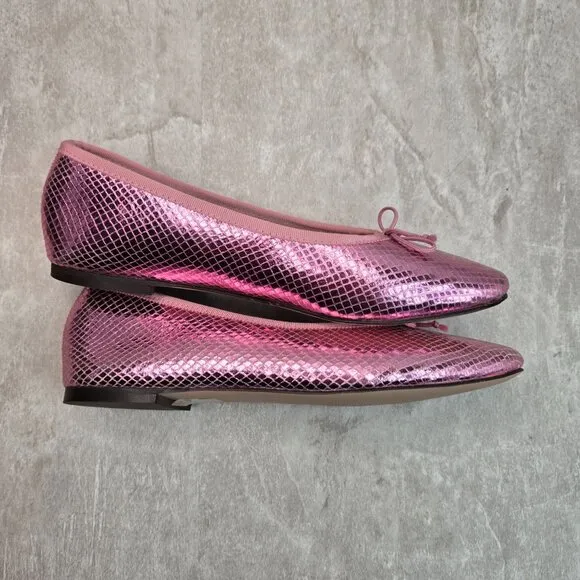 J. Crew Ballet Flats Size 7.5 Metallic Pink Leather Dressy Bow Ballerina Shoes