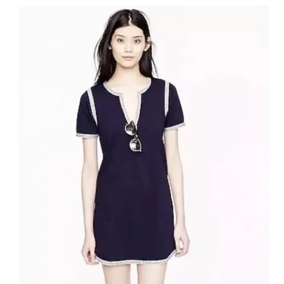 J. Crew Contrast Short Sleeve Stretch Knit V-Neck Mini Preppy Pockets Dress XS