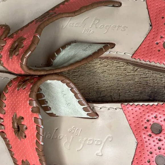 Jack Rogers Jacks Flat Sandal Thong Slide Sandals Coral Pink Woven Brown Size 8