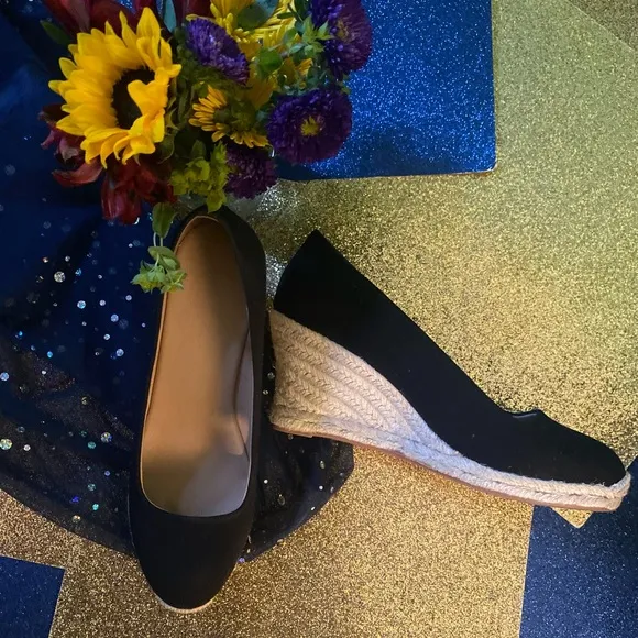 J.CREW BLACK CANVAS ESPADRILLE WEDGE HEEL Shoes EUC ELEGANT CLASSIC 7.5
