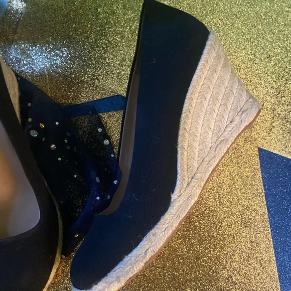 J.CREW BLACK CANVAS ESPADRILLE WEDGE HEEL Shoes EUC ELEGANT CLASSIC 7.5