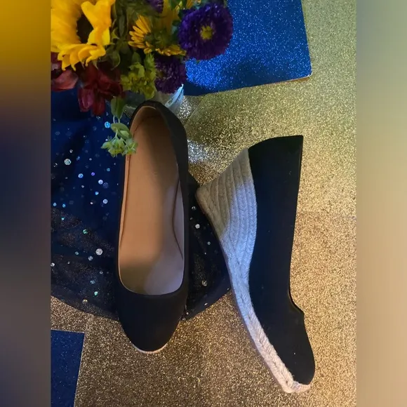 J.CREW BLACK CANVAS ESPADRILLE WEDGE HEEL Shoes EUC ELEGANT CLASSIC 7.5