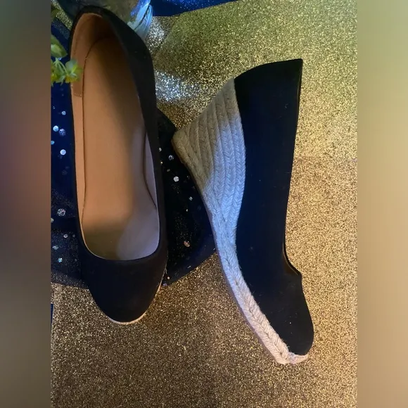 J.CREW BLACK CANVAS ESPADRILLE WEDGE HEEL Shoes EUC ELEGANT CLASSIC 7.5
