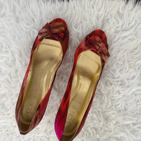 J.CREW peep toe bow heels in orange brown magenta painterly pattern Size 10 rare