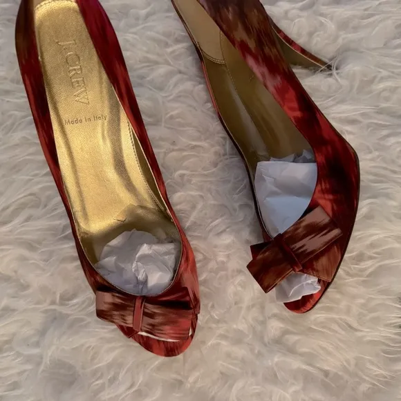 J.CREW peep toe bow heels in orange brown magenta painterly pattern Size 10 rare