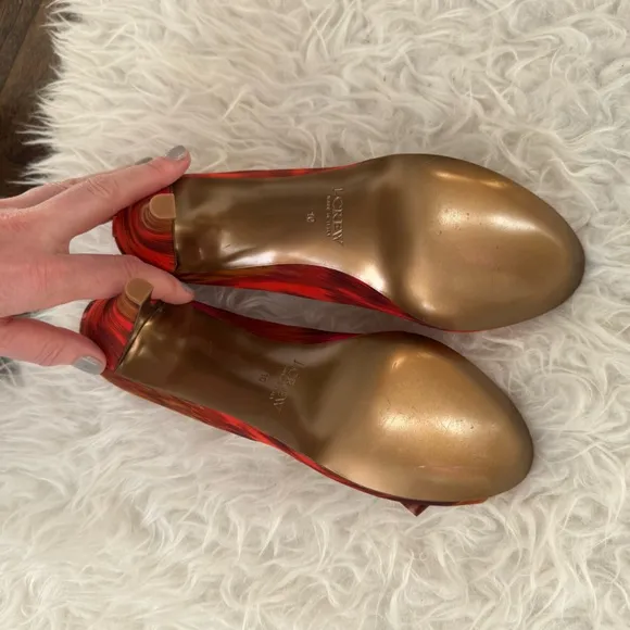 J.CREW peep toe bow heels in orange brown magenta painterly pattern Size 10 rare